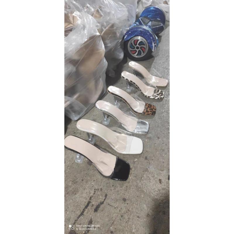 Summer Transparent High-heeled Cool Slippers Women's New One-word Open-toed Square Head Women's Shoes Large Size High-heeled Sandals Slip