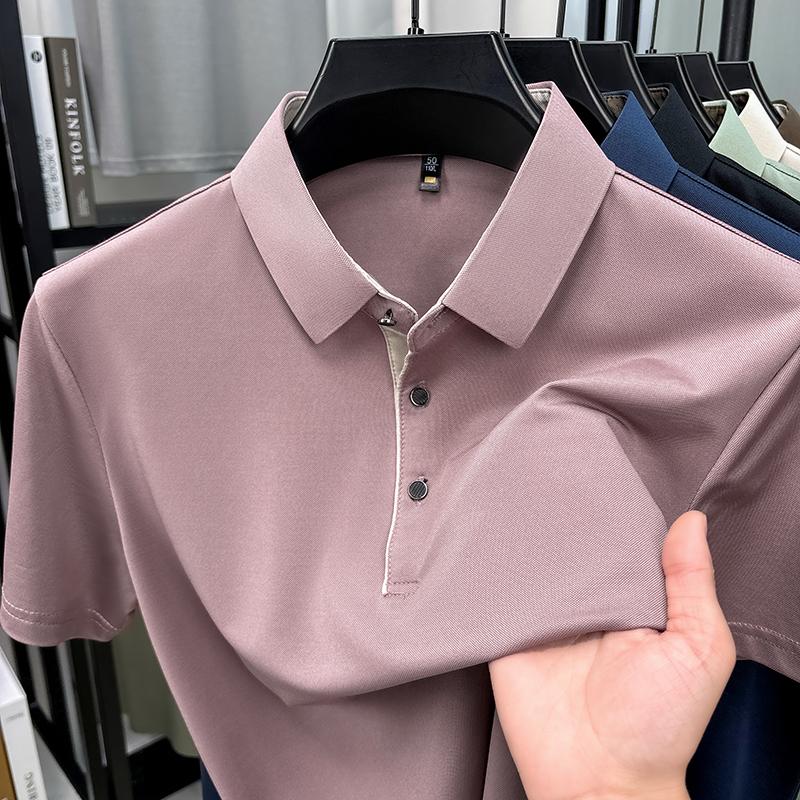 Luxury ice silk short sleeve polo shirt men summer breathable casual lapel T-shirt high-quality solid color Korean trendy top
