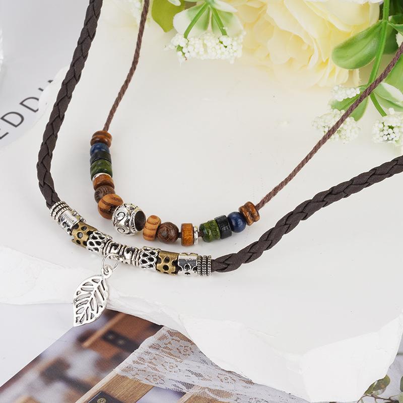 PU Leather Natural Boho Leaf Necklace Pendant, Wooden Beads, Ethnic, Long Chain