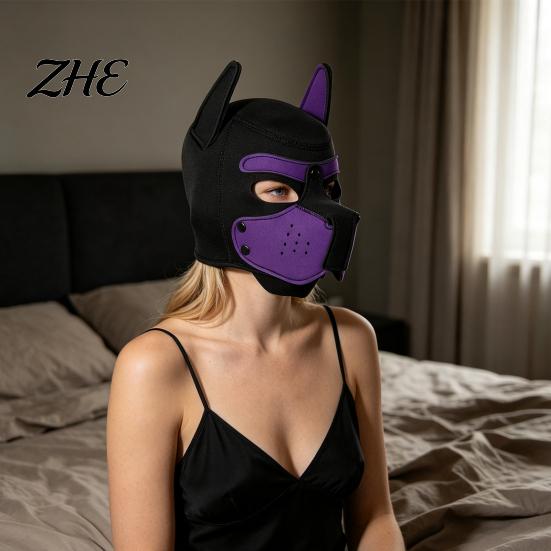 Realistic Dog Head Cover Full Mask for Adult Role Play, Soft Neoprene Animal Stretchy with Removable Mouth And Foldable Ears, Puppy Play Gear Costume