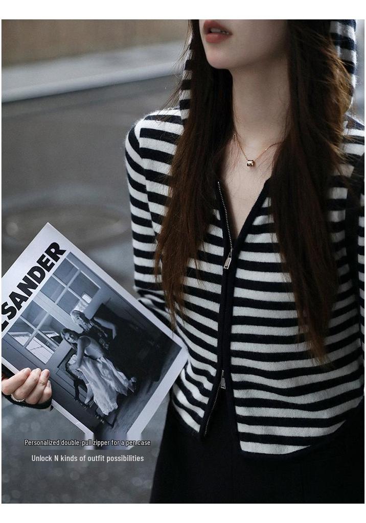 Women's Black & White Striped Hooded Knit Cardigan - Slim Fit, High Waist, Fine Wool, Long Sleeve, Spring/Autumn.