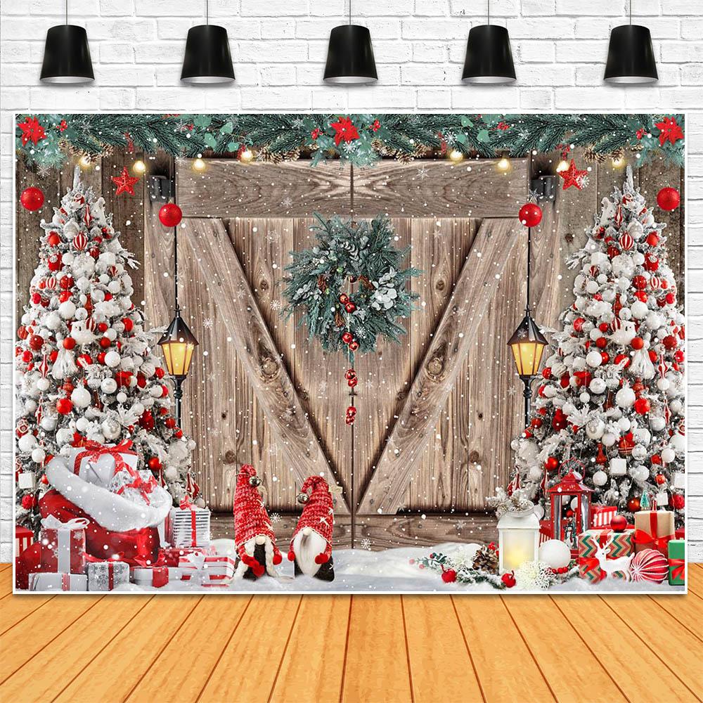 Christmas Party Backdrop Wooden Door Christmas Tree Snowflake Snow Scene Kids Portrait Photography Background Photo Studio Props