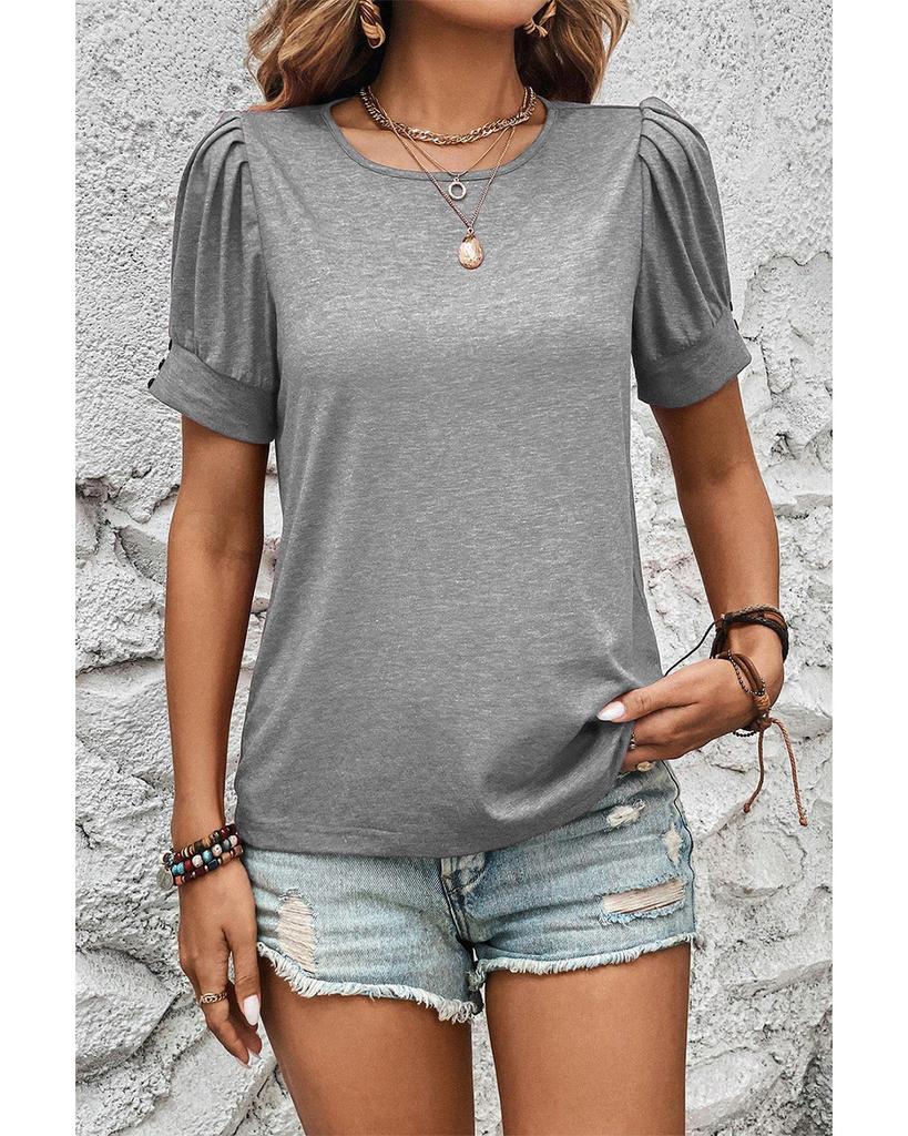 Azura Exchange Light Grey Pleated Puff Sleeve Knit Tee