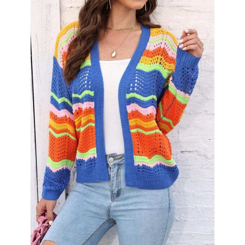 Women's Autumn and Winter Rainbow Pattern Patchwork Striped Casual Jumper