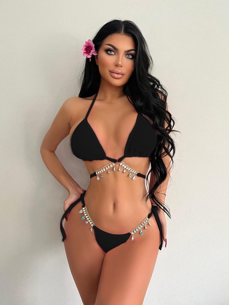 Женский сексуальный бикини-костюм с треугольными чашечками и цепочкой, летний купальник-стринги с завязками по бокам, эластичный купальник-бикини с открытой спиной и бретельками через шею