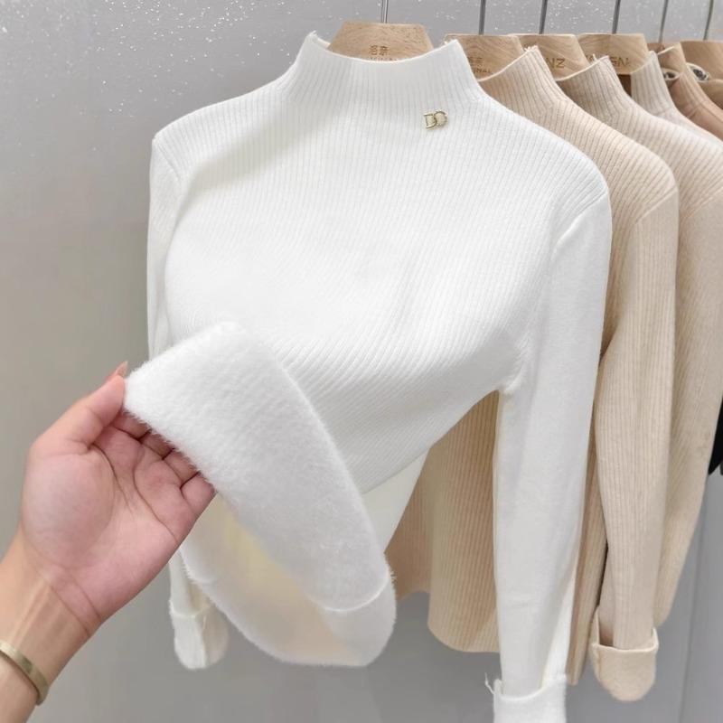 One-piece Fleece Fabric Solid Color Fleece Thickened Bottoming Shirt Women's Autumn and Winter with Semi-turtleneck Knitted Sweater