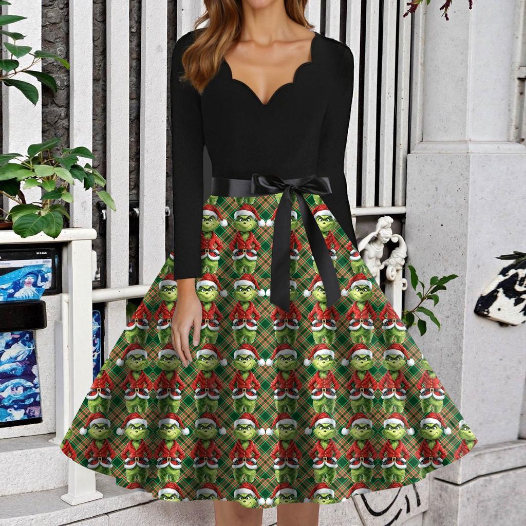 Women's Fashion V-neck Casual Slim-fit Christmas Print Long-sleeved Dress