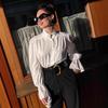 Fashion temperament French white bubble sleeve shirt women's 1116 autumn commuter cotton drape stand-up collar top women's clothing