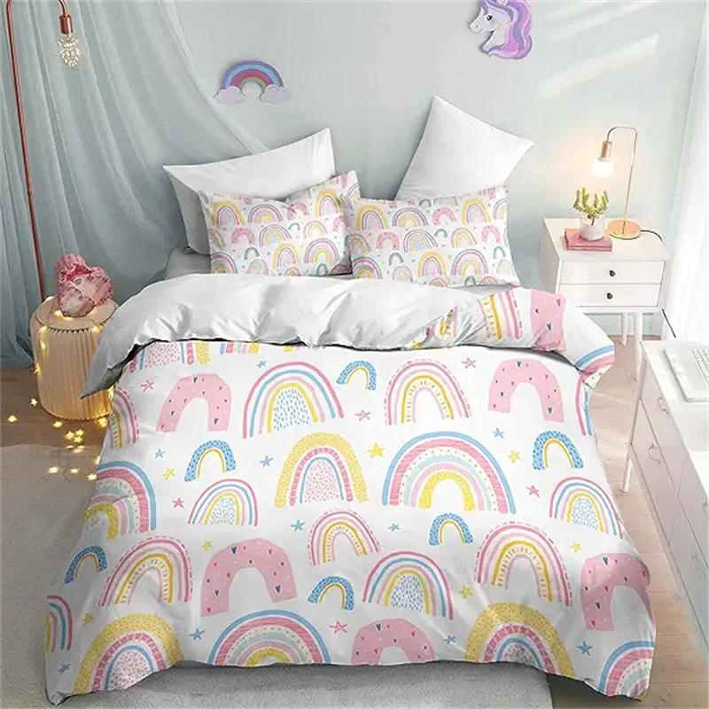 Rainbow Twin Duvet Cover Set For Girl Pink And Yellow Rainbow Star Duvet Cover Cartoon Rainbow For Bedroom Decoration Women Kid