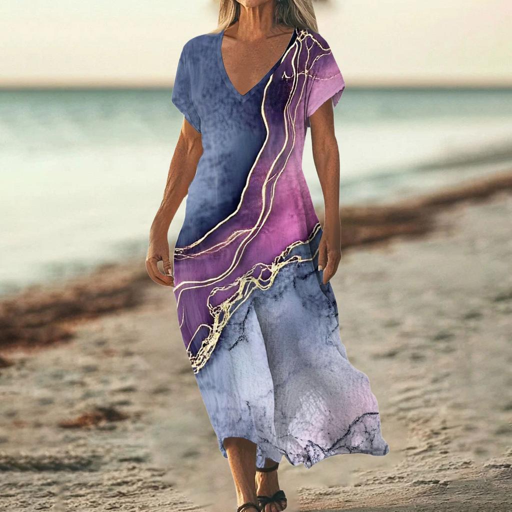 Модное женское летнее пляжное платье с V-образным вырезом и коротким рукавом из хлопка и льна с винтажным цветочным принтом