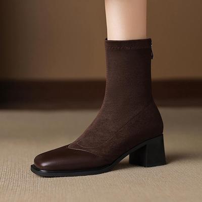 Микрофибра Флок Круглый Носок Средний Каблук Эластичные Сапоги Размер 43 Слипоны Женские Лоскутные Ботильоны