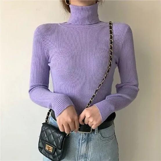 Turtleneck Pullovers Sweaters Women Autumn Winter Knitted Shirts Solid Color Long Sleeve Slim-fit Tight Jumper Tops