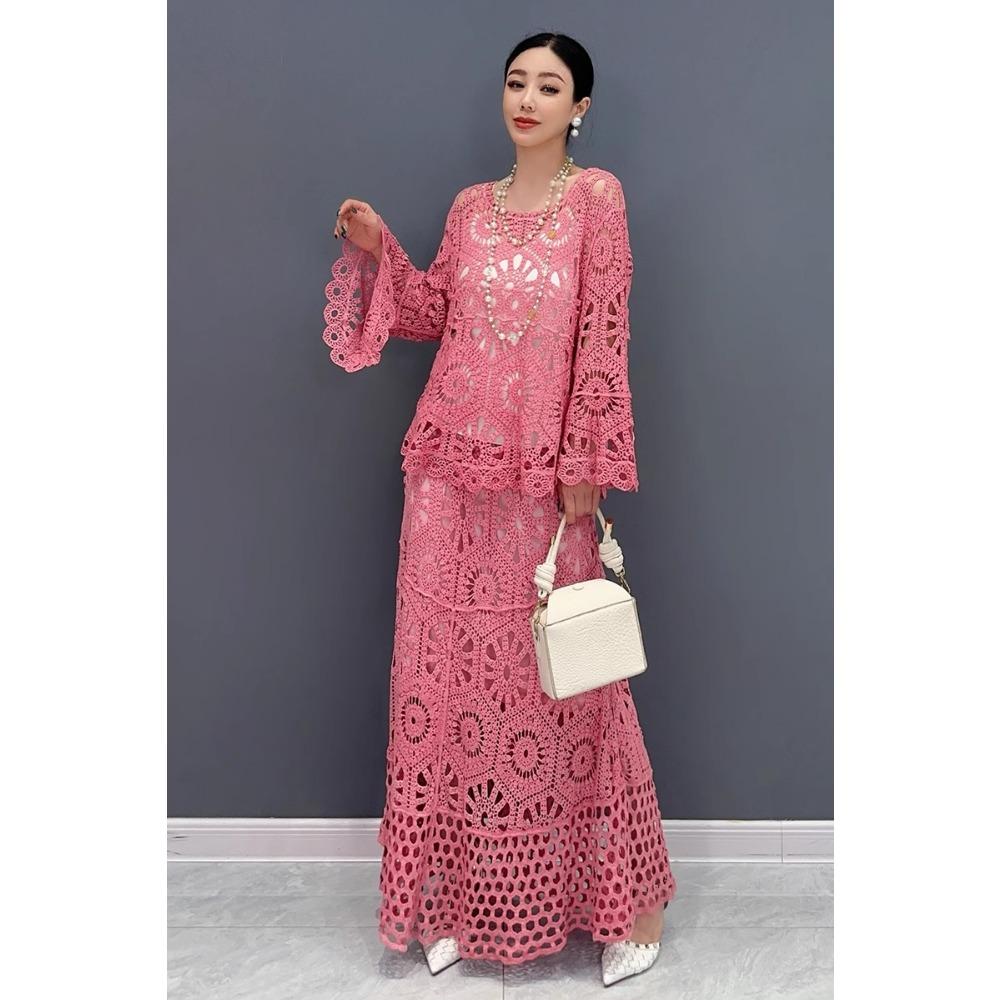 Dimanaf 2025 New Skirt Suit Women Beach Short Sleeve Lace Knitting Hollow Out Sexy O-Neck Hollow Summer Style Tops Tees Loose Basic