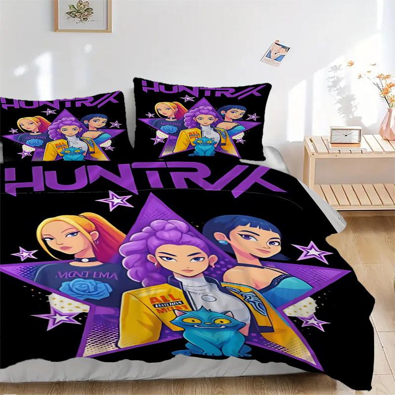 3 шт. Huntrix, Комплект постельного белья K-POP - Четыре сезона Домашний Высокий, Машинная стирка Покрывало с наволочками (Без наполнения) yy250909010