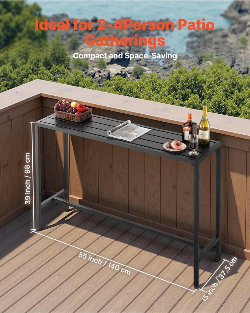 Outdoor Bar Table, 140 x 37.5 cm Patio Bar Table, Waterproof Top & Sturdy Metal Frame, Rectangle Counter Height Dining Tables, Outdoor Furniture for