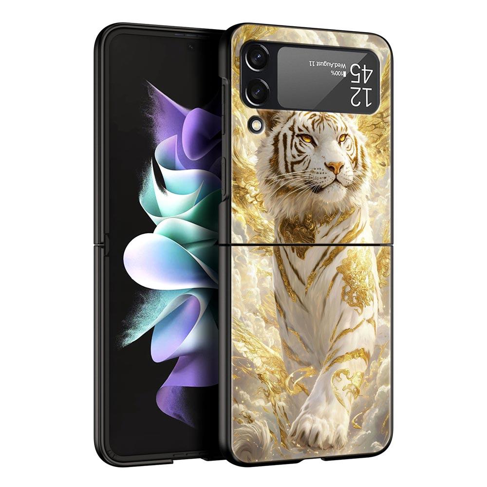 Чехол для телефона Samsung Galaxy Z Flip 3 4 5 6 7 Складной Черный Корпус Для Samsung Z Flip4 Flip5 ПК Жесткая Крышка Животное Белый Тигр