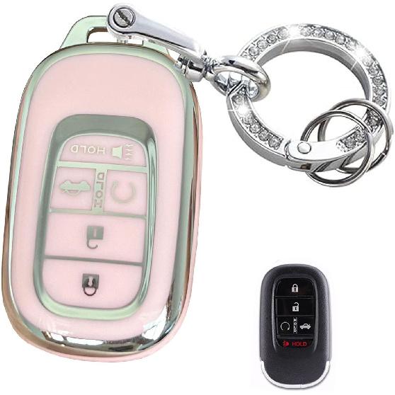 Keyless Entry Systems for Honda Key Fob Cover Fit for Honda 2024 2025 Civic Accord HR-V Pilot CR-V 5 Buttons Smart Key (Pink-Gold)