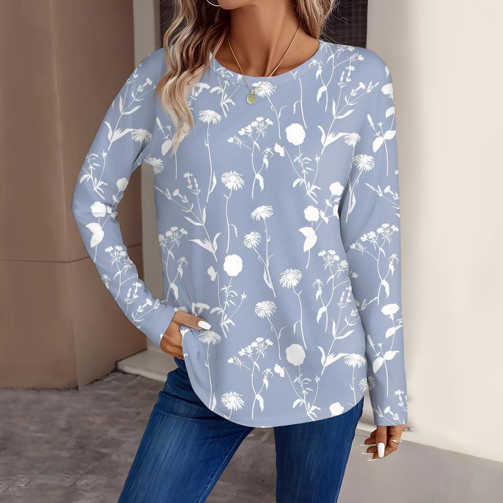 Женская мода повседневный топ с длинным рукавом с цветочным принтом и круглым вырезом
