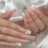 24pcs Long Square Stick on Nails White Tip Bowknot Pink Fake Nails for DIY At-Home Manicure Kit