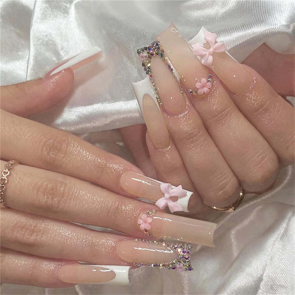 24pcs Long Square Stick on Nails White Tip Bowknot Pink Fake Nails for DIY At-Home Manicure Kit