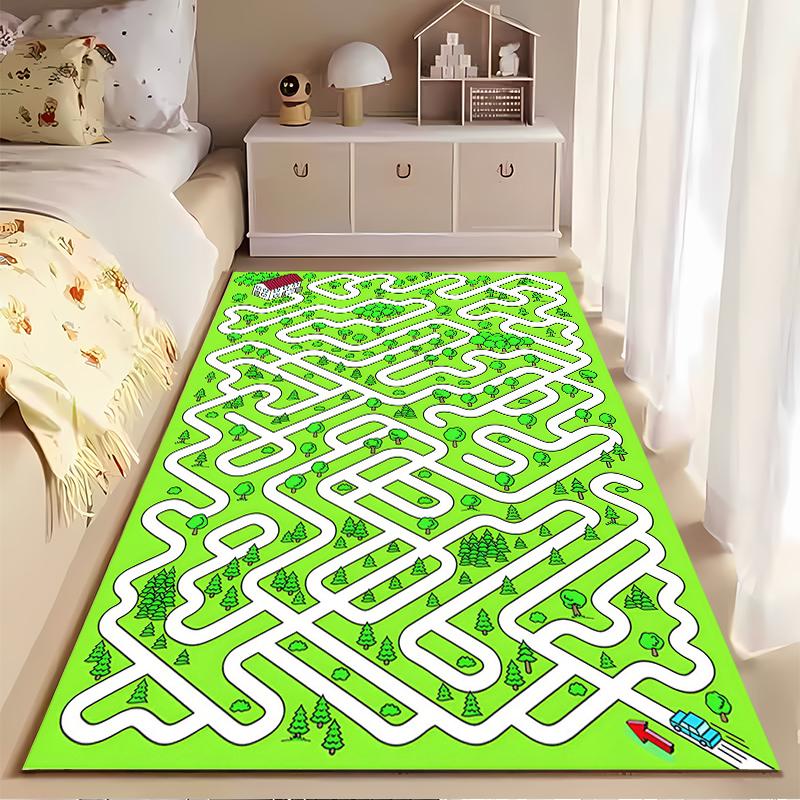 Green Maze Carpet with House and Trees Decorative Design Suitable for use as an anti-slip game mat for living room and bedroom sofas