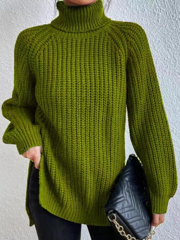 autumn and winter medium and long knitted sweater with shoulder sleeves and high lapel neck split ends. European and American sweaters and tops fo