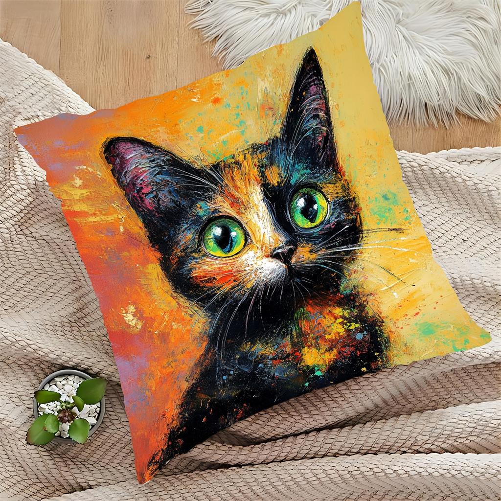 Colorful Tortoiseshell Cat Throw Pillow Cover, Vibrant Oil Painting Style Art Decorative Pillow Case