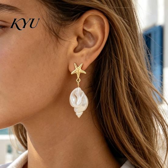 Fashionable Resin Conch Earrings 1 Pair Women's Boho Starfish Earrings, Faux Pearl Dangle Drop Daily Wear Summer Beach Ocean Style Jewelry Gift
