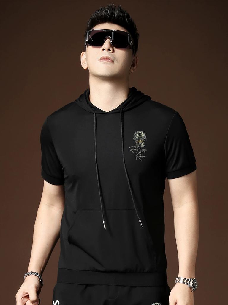 Ozhouzhan Men's Blazer Hood Short sleeve T-shirt Summer New Little Buddha Hot Drilling Half Sleeve Hoodie T-shirt