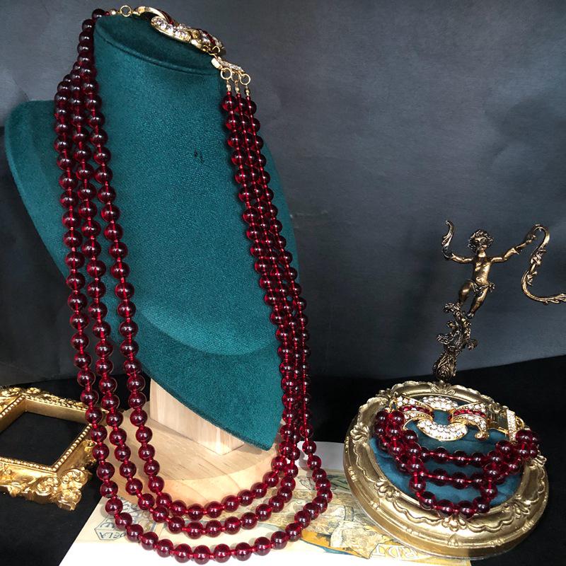 Винтажная многослойная цепочка для свитера из гранатово-красных стеклянных бусин и ожерелье-браслет со стразами