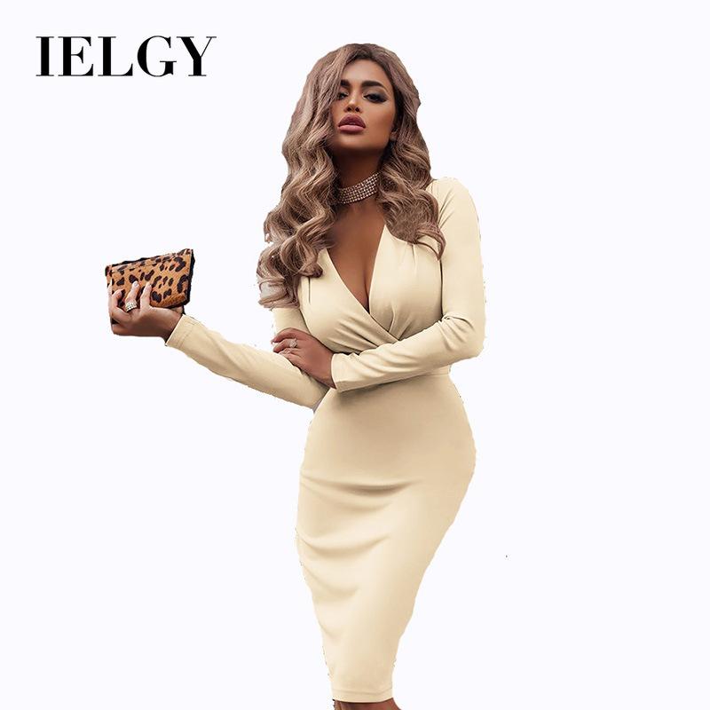 IELGY Новый продукт, женское платье в стиле взрыва, глубокая V-образная плиссированная набедренная сумка, однотонное платье с длинными рукавами