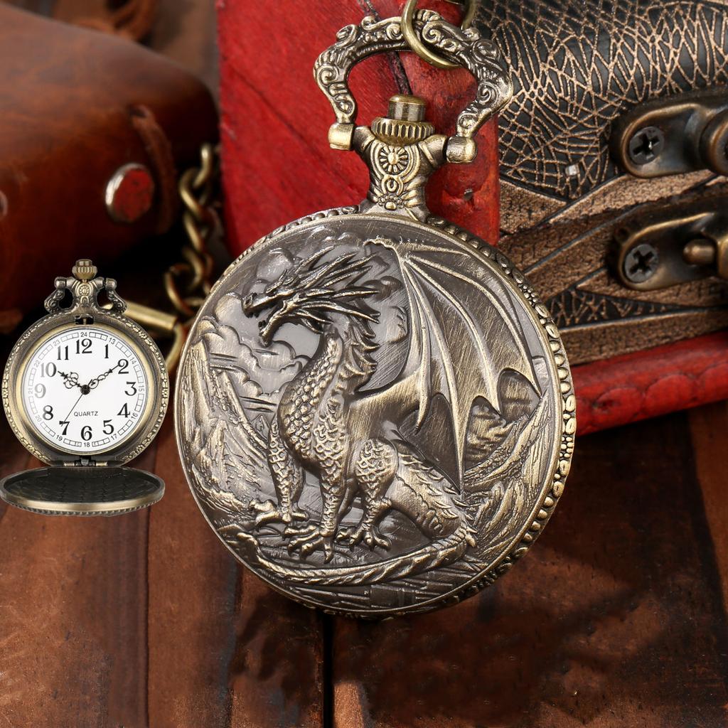 Steampunk Vintage Pocket Watch with Flying Dragon - Bronze Chain Fob Watch for Men, Unique Antique Gift for Collectors