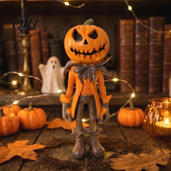 Spooky Gentleman Statue for Office Halloween Pumpkin Man Figurine, Resin Figure, Classic Ghost Compact Desk Autumn Face Desktop Ornament Home Tabletop
