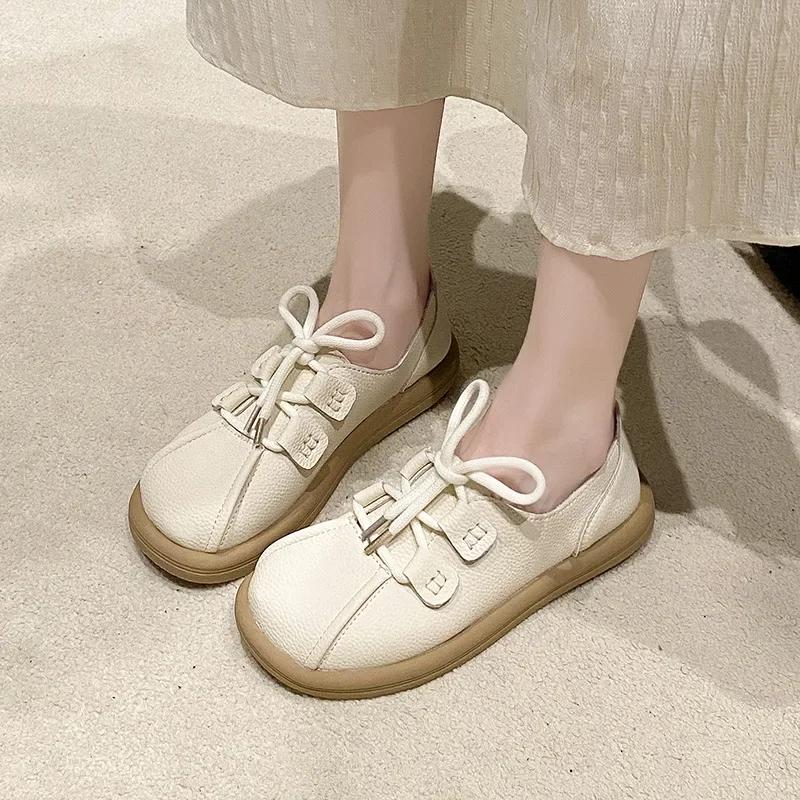 Женская обувь с круглым носком, ретро-лоферы со шнуровкой, осень 2024 г., новые удобные нескользящие туфли на плоской подошве с мягкой подошвой, женские туфли для колледжа