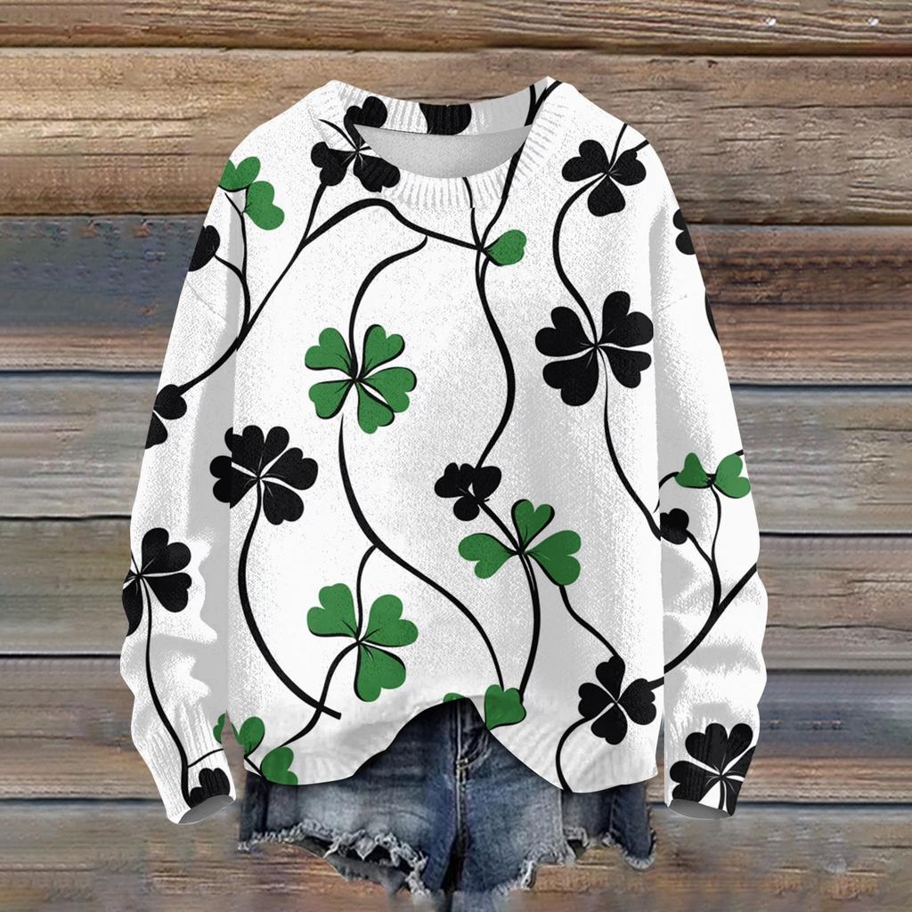 Женская мода вскользь с длинным рукавом St. Вязаный топ с круглым вырезом и принтом ко Дню Святого Патрика