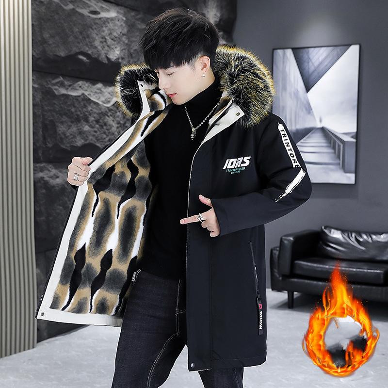 Men's Winter Letter Print Warm Parka Padded Thickened Long Outdoor Windproof Padded Jacket Fur Collar Hooded Jacket