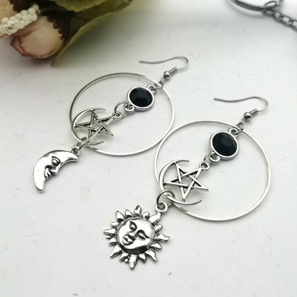 Gothic Retro Black Zircon Sun Moon Mango Star Long Pendant Dangle Earrings for Women Bohemian Fashion Jewelry Accessories Gifts