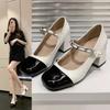 Vintage Mary Jane Shoes for Women, French Square-toed High Heels, Small Leather Shoes, Pearl Patent Leather Thick Heels