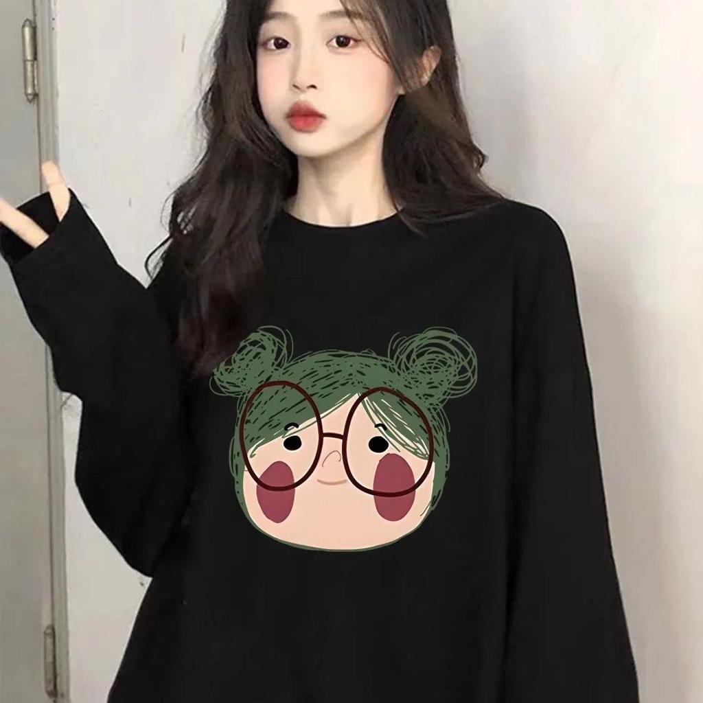 Модная женская футболка с длинным рукавом и круглым вырезом из чистого хлопка - Шикарный мультяшный дизайн, Повседневный свободный крой для весны и осени 2025