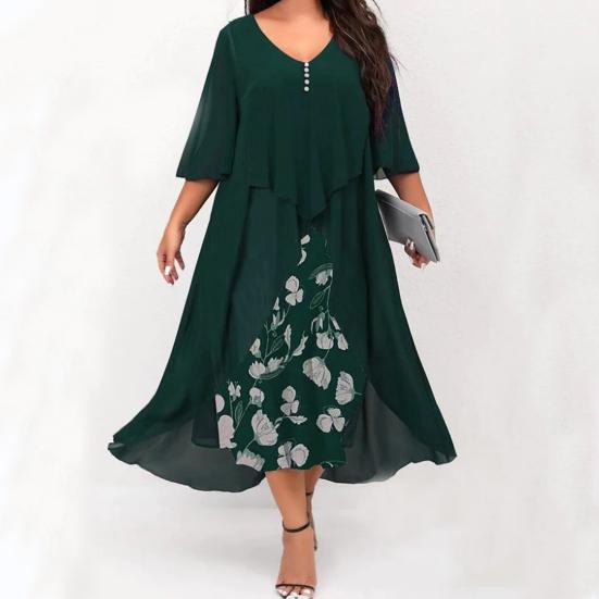 Midi Dress Swing Up Large Hem Trendy Floral Pattern Female Long for Work