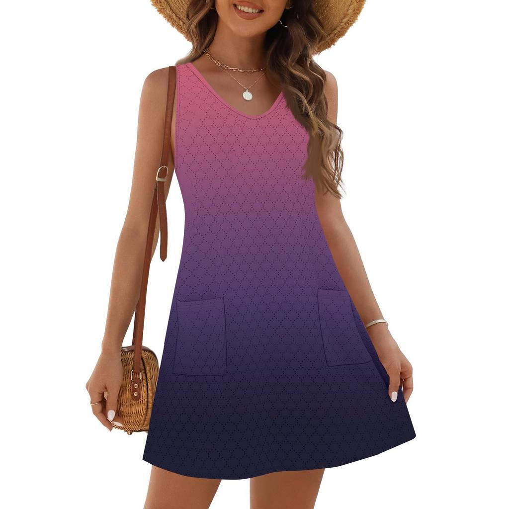 Женское модное повседневное летнее платье без манжет с карманом, V-образным вырезом и градиентным принтом, пляжный сарафан