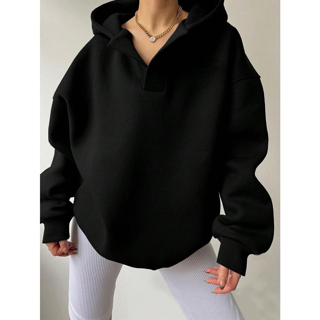 Women's Notch Hood Long Sleeve Sweatshirt Oversized Fit Casual Solid Polyester Pullover Hoodie