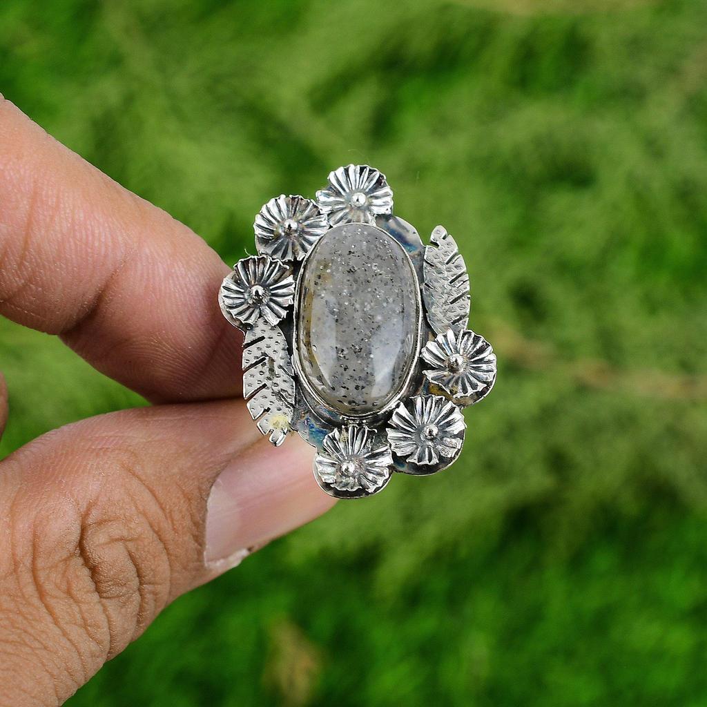 Gift For Her 925 Silver Natural Black Sunstone Stackable Flower Adjustable Ring