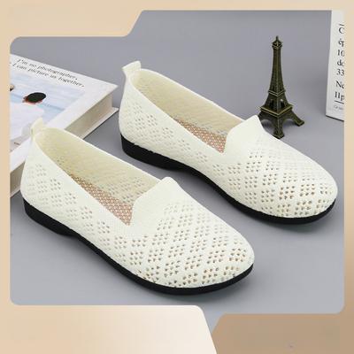 Новые однотонные туфли с круглым носком, плоской подошвой, плоским каблуком, мягкой подошвой, одинарные, повседневные, дышащие, женские вязаные туфли с перфорацией