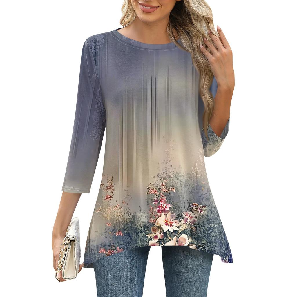 3/4 рукав туника топы для женщин принтованный повседневный выходной свободный крой модная базовая футболка с круглым вырезом