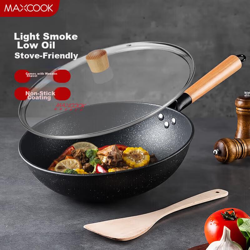 MAXCOOK Non-Stick Wok, Iron with Lid And Wooden Spatula, 32cm, Non-Stick Coating, Compatible with Gas And Induction Cooktops, MCC559