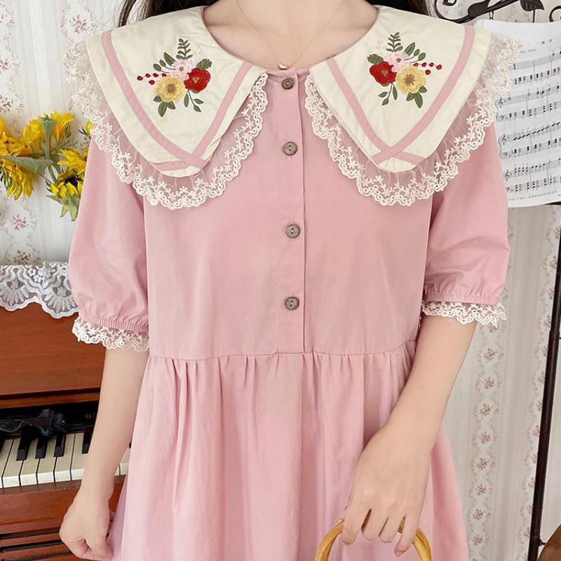 Японское летнее женское милое платье Mori Girl с воротником Питера Пэна, розовое, синее платье с цветочной вышивкой, милые платья Kawaii с кружевными оборками
