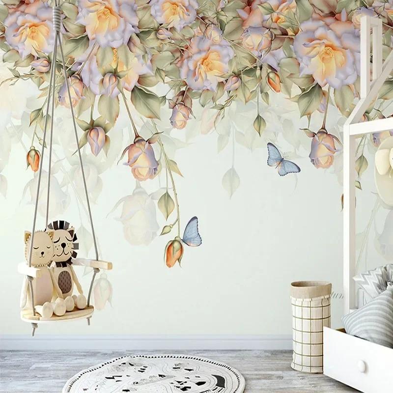 Обои Европейская ручная роспись маслом Роза Бабочка Фреска Гостиная Телевизор Диван Спальня Фреска