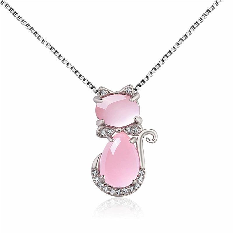 Korean-style necklace Platinum-plated/Rose Gold Natural Rose Quartz Crystal Cat Pendant for Women Clavicle Chain