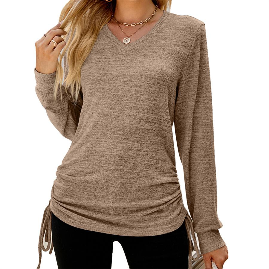 Осень-зима, однотонная плиссированная свободная футболка с длинными рукавами и v-образным вырезом, топ с завязками сбоку для женщин